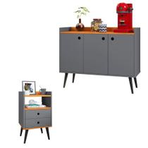 Kit Aparador Buffet Wood New 3 Portas e Mesa de Cabeceira Dream 2 Gavetas Pés Retrô Palito CinzaCinamomo - RPM Móveis Kit Aparador Buffet Wood New 3 Portas e Mesa de Cabeceira Dream 2 Gavetas Pés Retrô Palito CinzaCinamomo - RPM Móveis