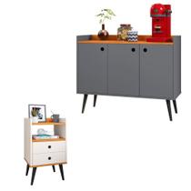 Kit Aparador Buffet Wood New Cinza 3 Portas e Mesa de Cabeceira Dream 2 Gavetas Pés Retrô Palito Off WhiteCinamomo - RPM Móveis Kit Aparador Buffet Wood New Cinza 3 Portas e Mesa de Cabeceira Dream 2 Gavetas Pés Retrô Palito Off WhiteCinamomo - RPM Móveis