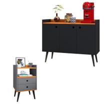 Kit Aparador Buffet Wood New Preto 3 Portas e Mesa de Cabeceira Dream 2 Gavetas Pés Retrô Palito CinzaCinamomo - RPM Móveis