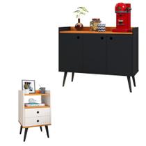 Kit Aparador Buffet Wood New Preto 3 Portas e Mesa de Cabeceira Dream 2 Gavetas Pés Retrô Palito Off WhiteCinamomo - RPM Móveis Kit Aparador Buffet Wood New Preto 3 Portas e Mesa de Cabeceira Dream 2 Gavetas Pés Retrô Palito Off WhiteCinamomo - RPM Móveis