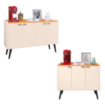 Kit Aparador Sala Retrô 3 Portas Cantinho Café e Buffet Armário Cozinha Moderno Kiev 4 Portas Pés Palito Decoração Casa - Off White/Cinamomo- RPM