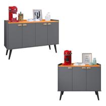Kit Aparador Sala Retrô 3 Portas Cantinho CaféTruzzi e Buffet Armário Cozinha Moderno Kiev 4 Portas Pés Palito Decoração Casa - Cinza/Cinamomo- RPM