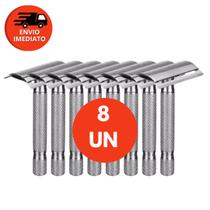 Kit Aparelho Barbeador Metal Clássico Manual Retrô Vintage Com 01 Lâmina Lord Platinum Aço Inox