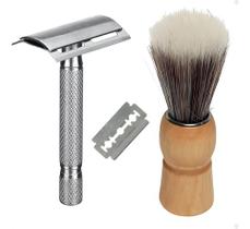Kit Aparelho Barbear De Metal Com Lâmina Pincel Cabo Madeira