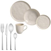 Kit Aparelho de Jantar 16 Peças Stoneware Bio Latte Porto Brasil + Faqueiro Oslo 16 Peças em Aço Inox da Wolff
