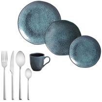 Kit Aparelho de Jantar 16 Peças Stoneware Orgânico Petroleum Porto Brasil + Faqueiro Oslo 16 Peças em Aço Inox da Wolff