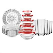 Kit Aparelho de Jantar 17 Peças Pratos, Copos e Potes com Tampas Sortidas Kit Aparelho de Jantar 17 Peças Pratos, Copos e Potes com Tampas Sortidas