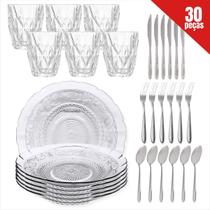 Kit Aparelho de Jantar Moon 30 Peças com Pratos Fundos Copos De Vidro e Talhares de Aço Inox