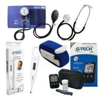 Kit Aparelho de Medir Pressão + Aparelho De Medir Glicemia Lite G-Tech + TH150 Branco + Garrote