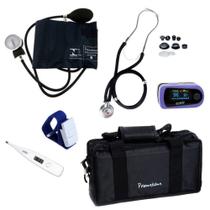 Kit Aparelho De Pressão + Oxímetro + Esteto Duplo + Garrote + Bolsa + Termômetro Kit Aparelho De Pressão + Oxímetro + Esteto Duplo + Garrote + Bolsa + Termômetro