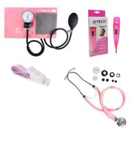 Kit Aparelho Medidor De Pressão + Estetoscópio + Garrote + Termômetro Kit Premium Rosa