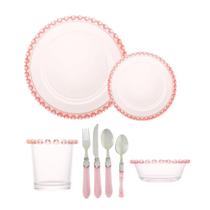 Kit Aparelho Para Jantar / Sobremesa 44 Peças Cristal Rosa Bordas Coração