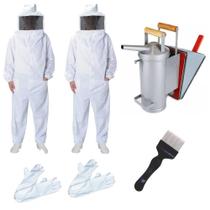 Kit Apicultura 2 Roupa Macacão Brim Grosso + 2 Luvas + Fumigador + Garfo