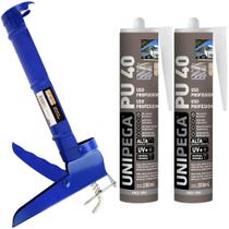 Kit Aplicador de Silicone + 2 Cola Selante Adesivo PU 40 Cinza 400g Unipega Construção e Vedação Kit Aplicador de Silicone + 2 Cola Selante Adesivo PU 40 Cinza 400g Unipega Construção e Vedação
