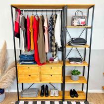 Kit Arara de Roupas High Ample com 2 Gaveteiros e Estante Style Slim Industrial Nozes e Preto