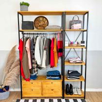 Kit Arara de Roupas Middle Ample com 2 Gaveteiros e Estante Style Slim Industrial Nozes e Preto