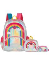 Kit Arco Íris Mochila de Costas + Lancheira + Estojo Triplo