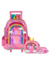 Kit Arco Íris Mochila Rodas E Costas + Lancheira + Estojo