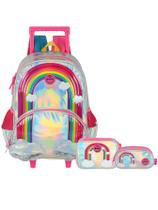 Kit Arco Íris Mochila Rodas e Costas + Lancheira + Estojo