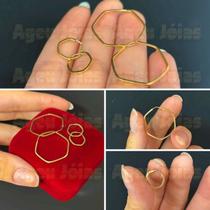 Kit Argola Ouro 18k Hexagonal 1 e 2 Furo Brinco Feminino