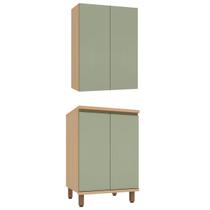 Kit Armário Aéreo e Balcão 100% MDF 60 cm 2 portas Lótus Carvalho/Verde