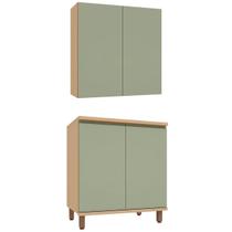 Kit Armário Aéreo e Balcão 100% MDF 80 cm 2 Portas Lótus Carvalho/Verde
