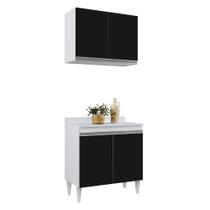 Kit Armário Aéreo e Balcão de Cozinha Lavanderia com Tampo 02 Portas Loren Branco e Preto 80 cm L06 - D'Rossi
