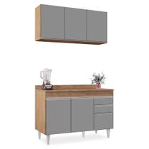 Kit Armário Aéreo e Balcão de Cozinha Lavanderia Dora com Tampo Castanho e Cinza 120 cm L06 - D'Rossi