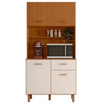 Kit Armário Cozinha New Izis 4 Portas Freijó Ripado Off White Poliman