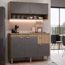 Kit Armário De Cozinha Aéreo E Bancada Completo Com 5 Portas E 1 Gaveta Carvalho Grafite