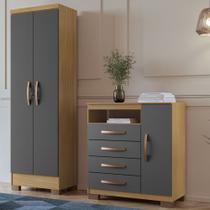 Kit Armário Multiuso Marrocos 2P+Cômoda Sapateira Roma Carvalho/Grafite Kit Armário Multiuso Marrocos 2P+Cômoda Sapateira Roma Carvalho/Grafite