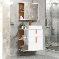 Kit Armário Organizador Gabinete Para Banheiro Com Espelheira E Cuba 2 Portas Argos Branco Com Nature G2 Plus
