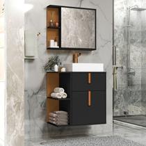 Kit Armário Organizador Gabinete Para Banheiro Com Espelheira E Cuba 2 Portas Argos Preto Com Nature G2 Plus