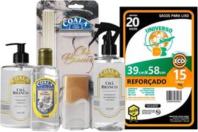 Kit Aromas Coala Chá Branco 4 Produtos Difusor, Limpador Concentrado, Sabonete Líquido, Spray Tecidos 20 Sacos de Lixo 15L
