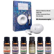 Kit Aromaterapia Difusor Elétrico Usb Led Via Aroma e 6 Óleo Essencial Puro