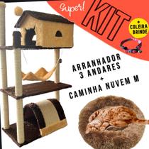 Kit Arranhador Para Gatos 3 Andares + Caminha Nuvem M Marrom LD Pet