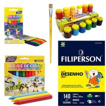 Kit Artes Bloco Desenho + 18 Giz de Cera + 12 Guache Acrilex