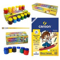 Kit Artes Bloco Desenho Canson Branco + Pintura a Dedo 6 Cores Tempera Acrilex + Pincel Tigre Escolar Infantil Pintura