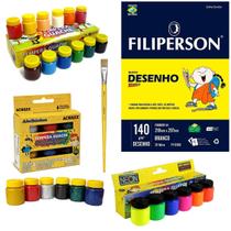 Kit Artes Bloco Filiperson + Pincel + 24 Guaches Acrilex Kit Artes Bloco Filiperson + Pincel + 24 Guaches Acrilex