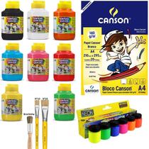 Kit Artes Desenho 1 Canson 3 Pincéis 8 Guaches 250ml 6 Neon