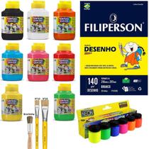 Kit Artes Desenho 1 Filiper 3 Pincéis 8 Guaches 250ml 6 Neon