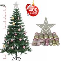 Kit Árvore de natal 1.8m verde 400 galhos + enfeites bolinhas tradicional pinheiro cheia premium