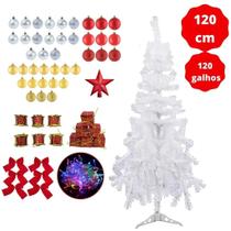 Kit Árvore Natal Branca Decorada 1,20m Com 65 Enfeites Pisca Pisca Led 220v Colorido