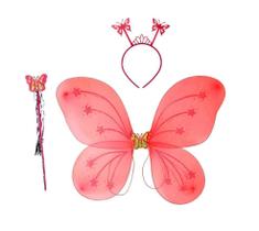 Kit Asa De Borboleta Infantil Com Tiara E Varinha Vermelha