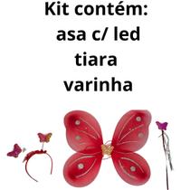 kit asa tiara varinha borboleta led fantasia vermelha