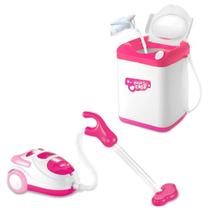 Kit Aspirador De Pó Infantil Rosa Com Luz e Máquina de Lavar - DM Toys