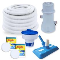 Kit Aspirador Esfera para Piscinas + Mangueira 32mm 10m+ Filtro 220v 3600l/H+ Clorador Flutuante+ Cloro Roseflex