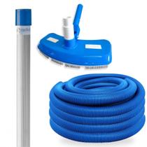 Kit Aspirador para Piscina + Mangueira 10m 38mm Azul com Abracadeiras + Haste 2m Aluminio