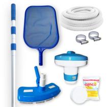 Kit Aspirador + Peneira com Haste Retratil 3,60 M + Mangueira 32mm 4 M + Flutuador + Cloro para Piscina