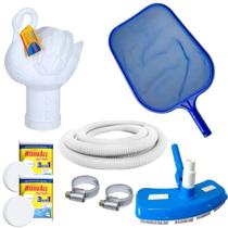 Kit Aspirador + Peneira + Mangueira 32mm 2 Metros + Clorador Flutuante Cisne + 2 Pastilhas de Cloro